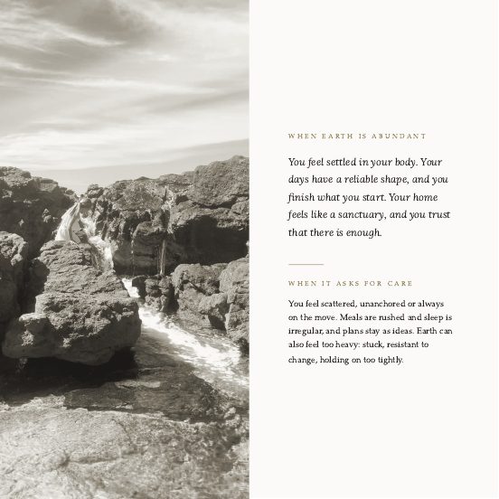 A page about Earth beside a photograph of rocks and falling water